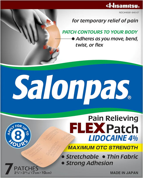 Salonpas Maximum OTC Strength Lidocaine 4% Pain Relieving FLEX Patch, Apply for Up To 8 Hours, Unscented, Thin, Flexible, Lightweight, Patch Stays...
