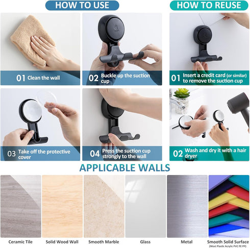 TAILI Shower Razor Holder Suction Cup 2 Packs, Heavy Duty Reusable Vacuum Suction Razor Hook, Bathroom Wall Hooks for Razor Towel Robe, Black...