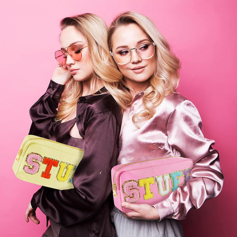 Preppy Patch Makeup Bag,Nylon Cosmetic Preppy Makeup Stuff Bag with Zipper,Stoney Clover Chenille Varsity Letter Stuff Bag,Travel Organizer Make U...