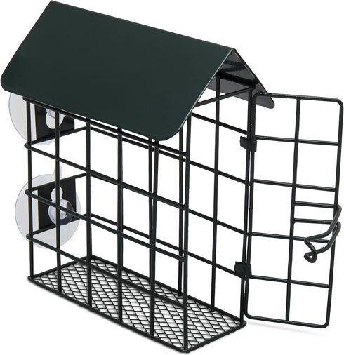Window Suet Bird Feeder - Single Suet Cake Holder with Roof - Outside Decor - Attract Wild Birds, Woodpeckers - Complete with Hanging Chain...