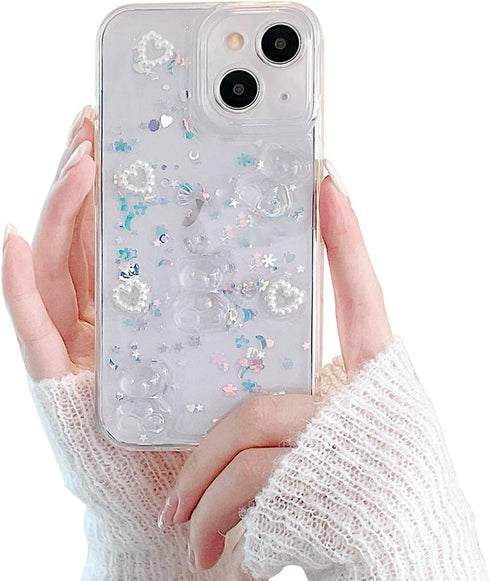 Fycyko Phone Case for iPhone 13,Cute 3D Bear Glitter Bling Pearl Love Heart Clear Design for iPhone 13 Case Women Girl Shockproof Camera Protect-6...