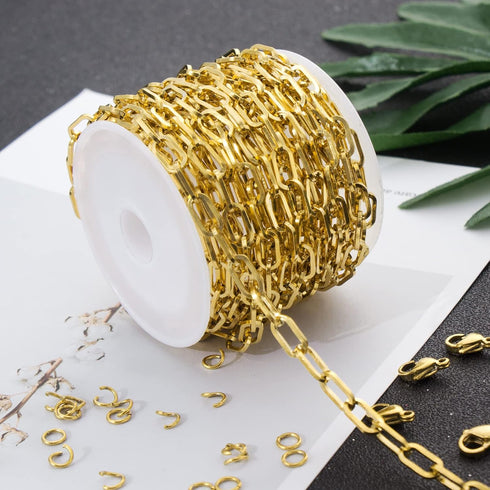 16.4 Feet Gold Plated Stainless Steel Chain Bulk Flat Paperclip Link Chains 5x10mm Jewelry Chain Roll with Jump Rings Lobster Clasps Oval Cable Ch...