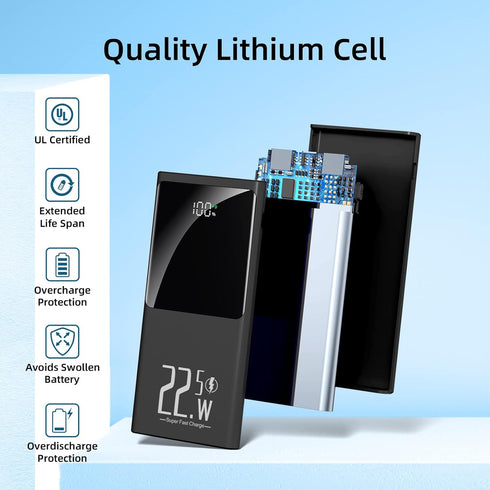 Portable Charger 10000mAh, Power Bank 5V/3A 22.5W Fast Charging USB-C in/Out LCD Dispaly Battery Backup for iPhone 15/14/13/12/11,Samsung,Google A...