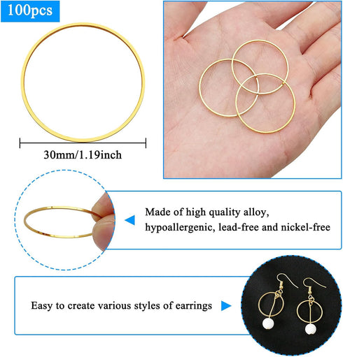 100Pcs Earrings Hoop for Jewelry Making, 30mm Earring Finding Hypoallergenic Round Hoop Earrings Circle Open Bezel Pendant Frame Earring Beading H...