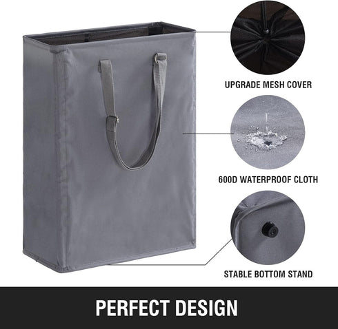 Slim Laundry Hamper with Adjustable Long Handles, 45L Small Laundry Baskets with Mesh Top, Narrow Dirty Clothes Hamper for Bedroom, Closet, and Ba...