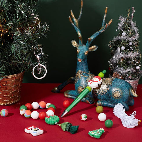 SUNNYCLUE Christmas Keychain Making Kit Slicone Christmas Beads Winter Tree Snowman Sock Silicone Bead 15mm Green Red Round Silicone Beads Spacer ...