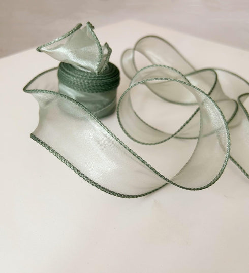 Moss/Sage Green Wired Chiffon Ribbon 1-1/2 Inch Wide 10 Yards Sheer Wired Organza Ribbon for Floral Decor Table Arrangements Apparel Embellishment...