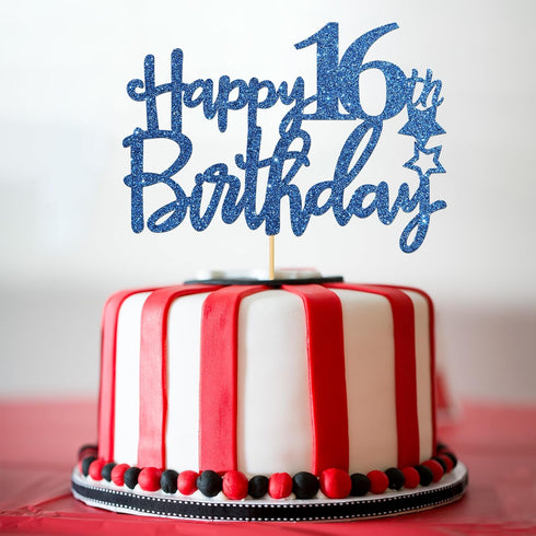 Royal Blue Glitter Happy 16th Birthday Cake Topper - 16 Sign Cake Topper - Cheers to 16 Years Party Supplies - 16th Birthday Party Decorations...