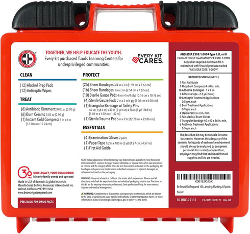 Be Smart Get Prepared OSHA/ANSI First Aid Kit - 10 Person, 100 Pieces - Designed for Home, Business, School, Industrial, and Restaurants - Compact...