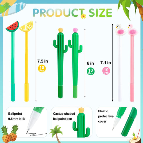 30Pcs Hawaiian Luau Ballpoint Pens, 0.5 mm Black Gel Ink Pen, Cute Flamingo Watermelon Cactus Lemon Fruit Pen for Kids Student and School Office S...
