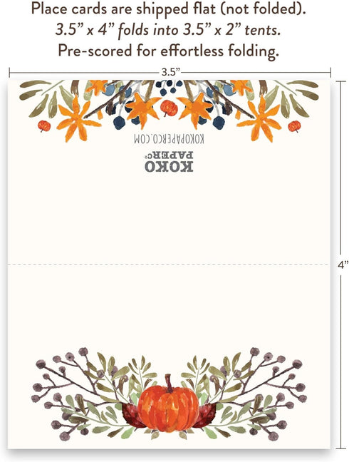 Koko Paper Co Thanksgiving Table Place Cards with Pumpkin and Fall Leaves | 50 Tent Style Dinner Setting Name Cards | Designed and Made in the U.S...