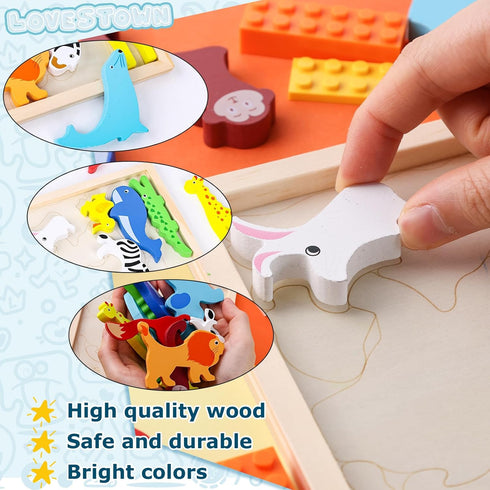 LovesTown 12PCS Wooden Stacking Puzzles, Animal Chunky Jigsaw Puzzles Educational Toys for Kids Gift...
