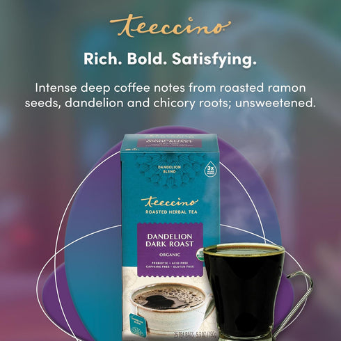 Teeccino Dandelion Herbal Tea - Dark Roast - 25 Tea Bags - Caffeine Free, Prebiotic, Gluten Free, 3x More Herbs...