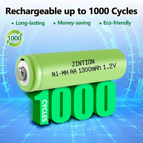 JINTION Ni-MH AA Rechargeable Batteries, Double A High Capacity 1.2V 1300mAh Pre-Charged for Garden Landscaping Solar Lights, String Lights, Remot...