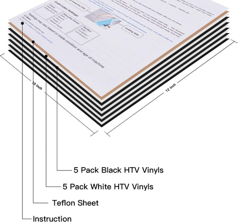 JANDJPACKAGING Heat Transfer Vinyl HTV Bundle - 5 White and 5 Black 12" X 10" Iron on Vinyl, HTV Vinyl for Cricut Silhouette Cameo Heat Press Mach...