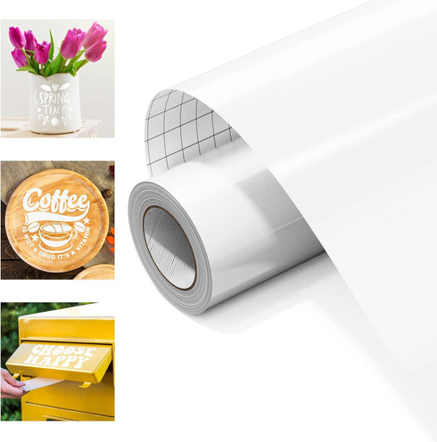 White Permanent Vinyl 12" x 10ft Roll, Glossy Adhesive Vinyl for All Cutter Machines, for Home Decal, Permanent Vinyl for DIY, Art Craft Decor, Cu...