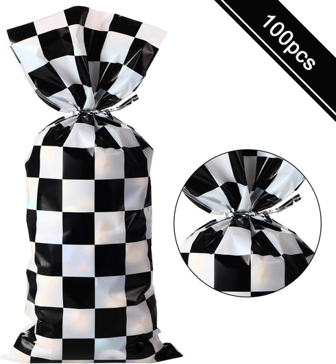 Blulu 100 Pieces Cellophane Car Candy Bags Black White Checkered Racing Treat Bags Plastic Race Gift Goodie Sack Food Storage for with 100 Pieces ...