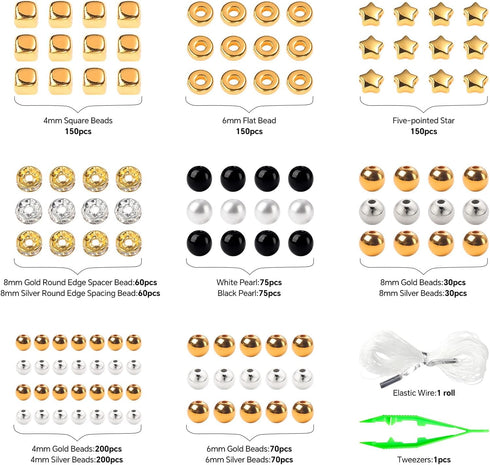 YHMQDU 1300Pcs Gold Beads for Bracelets Making,Pearl Beads for Jewelry Making Kit,Bead for Craft DIY Decoration Friendship Bracelets Kit with Elas...