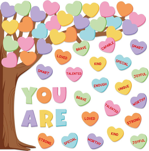 61Pcs Valentine's Day Classroom Bulletin Board Set Classroom Decoration Conversation Candy Heart Tree Cutout with Glue Points for School Wall Door...