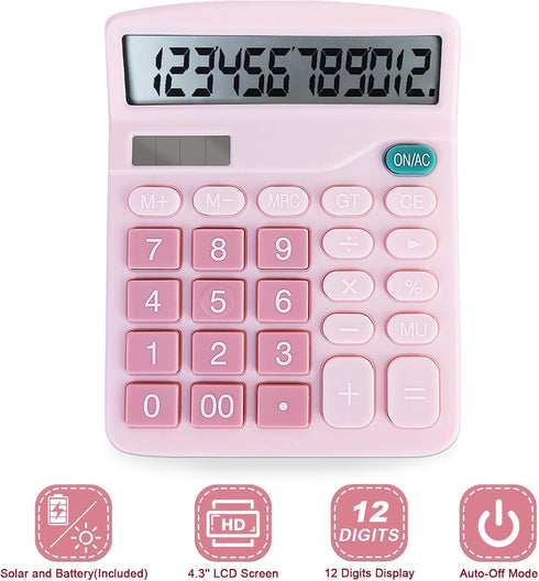 Basic Calculator with Comfortable Large LCD Display, 12 Digits Calculators Desktop, Tilt Screen, Big Button, Desk Calculator with Dual Power (Sola...