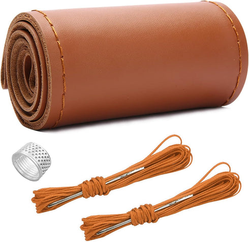 Genuine Leather Steering Wheel Cover, Stitch on Wrap, Breathable Anti-Slip Car Steering Wheel Protector for Max Diameter 15 Inch, DIY Sewing with ...