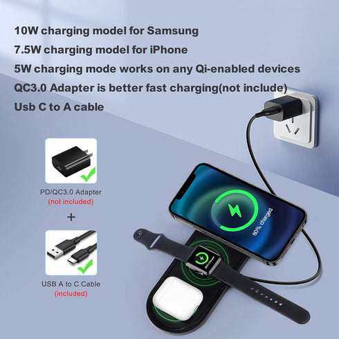 Wireless Charger for iPhone, KingTSYU 3 in 1 Charging Station for Apple Multiple Devices, Travel Wireless Charging Pad Compatible for Phone/iPhone...