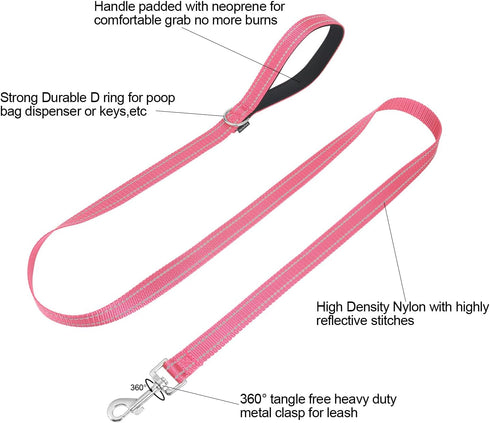 Reflective Nylon Dog Leash for Walking,Strong Dog Leash with Padded Handle for Medium and Large Dogs,6 FT,Hot pink...