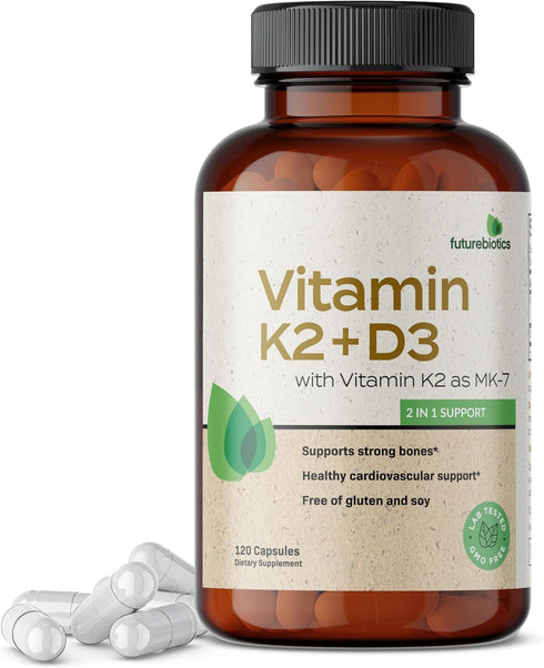 Futurebiotics Vitamin K2 (MK7) with D3 Supplement - Non-GMO Formula - 5000 IU Vitamin D3 & 90 mcg Vitamin K2 MK-7, 120 Vegetarian Capsules...