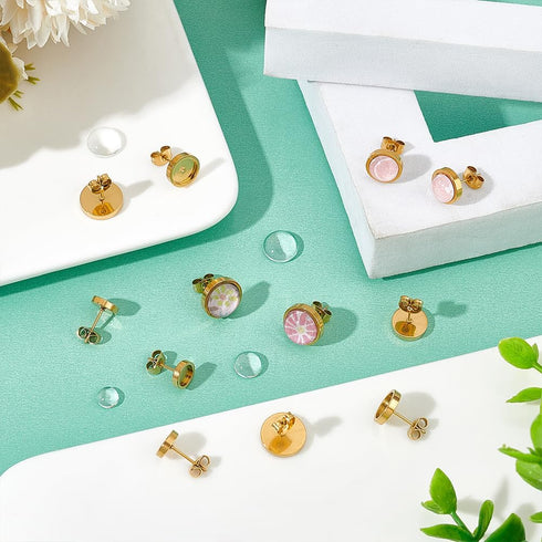 UNICRAFTALE 18 Sets 3 Sizes Stainless Steel Stud Earring Findings Stud Earring Cabochons Tray 6/8/10mm Golden DIY Blank Dome Earring Making Kits w...