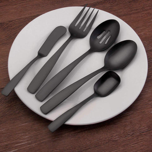 O.C.E. 5-Piece Matte Black Serving Flatware Silverware Set, Utensil Set of Stainless Steel, Satin Finish, Hostess Tableware Serving Set, Dishwashe...