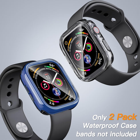COOLQO 2 Pack Waterproof 2 in 1 Case Compatible for Apple Watch 45mm Series 9 8 7, with 9H Tempered Glass Screen Protector, Full Body Cover for iW...