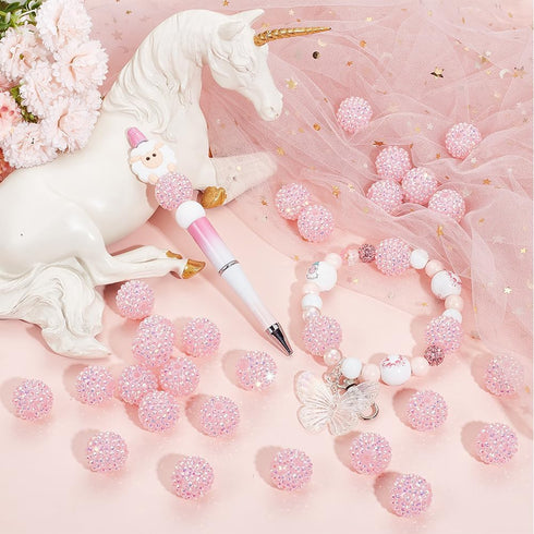 SUNNYCLUE 40Pcs Chunky Resin Rhinestone Beads 20mm Bubblegum Beads Pink Round Acrylic Large Disco Ball Bead Loose Spacer Beadable Pen Beads for Je...