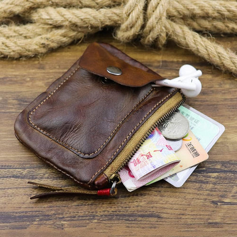 1 Pcs Leather Zipper Coin Purse Wallet With Card Slots, Snap Coin Organizer, Change Holder,Card Case, Leather Zipper Storage Bag for Men & Women...