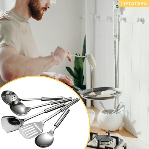 5Pcs Cooking Utensils Set, Stainless Steel Kitchen Utensils, Heat Resistant Wok Utensils Set Include Slotted Spoon, Slotted Spatula, Large Spoon, ...