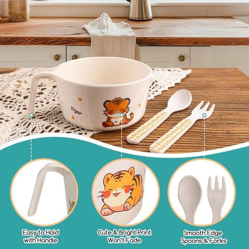 shopwithgreen Bamboo Kids Bowls Set, 4 Reusable Small Bowls for Baby Toddlers, Dinnerware Cereal Snack Soup Rice Bowl with 4 Spoons & Forks, Dishw...