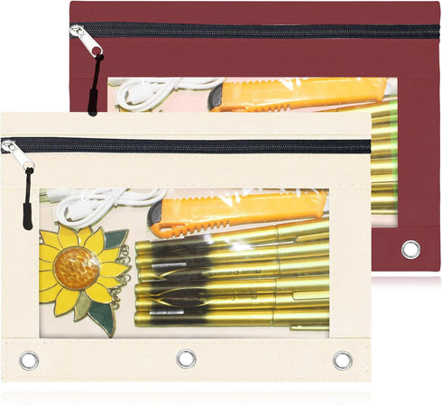Pencil Pouches for 3 Ring Binder, 2 Pack Binder Pencil Case with Zipper Puller, 2-Tier Clear Window Oxford Pencil Holder Stationery Organziers Bag...