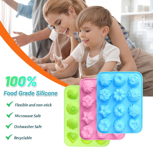 3 Pack Chocolate Flowers Silicone Molds 12 Cavity Flowers Heart Shape Candy Cake Molds for Baking, Cupcake, Jelly, Ice Cube Dishwasher Safe, Heat ...