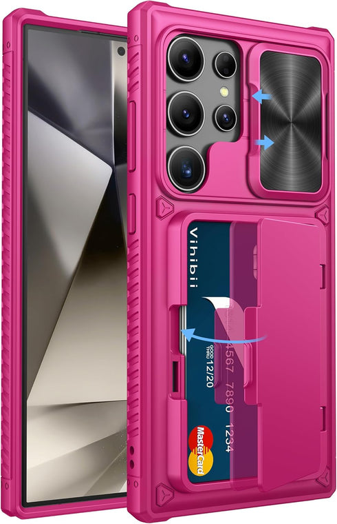 Vihibii for Samsung Galaxy S24 Ultra Case with Card Holder (4 Cards) & Slide Camera Cover & Kickstand, Shockproof Rugged Hard Back & TPU Soft Edge...