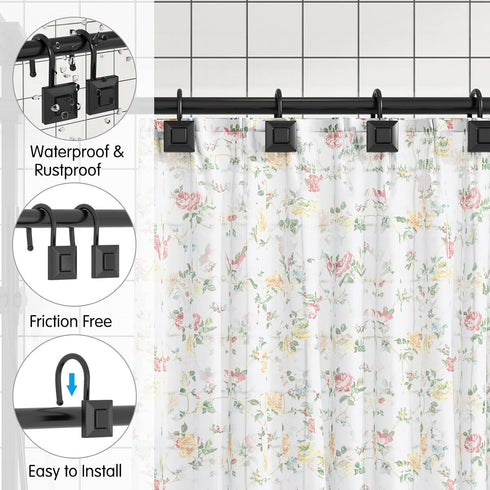 GILLAS Shower Curtain Decorative Hooks, Set of 12 Shower Curtain Rod Rings for Bathroom Rust Resistant Square, Black...