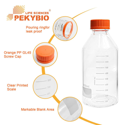 Glass Media Bottle 1000ml Round Storage Bottles 3.3 Borosilicate Glass Regent Bottles with PP GL45 Screw Cap 1 Piece...