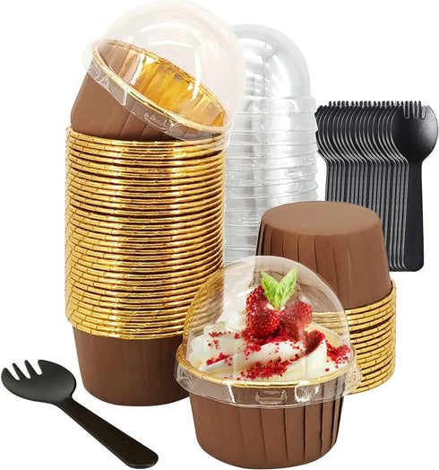 5.5 Oz Foil Cupcake Cups Muffin Tins 50 Pack,LNYZQUS Cupcake Liners With Dome Lids,Disposable Ramekins Pans Tins Cupcake Wrappers Holders,Large Mu...