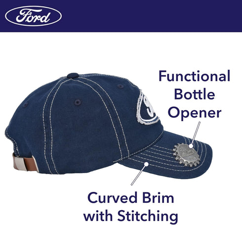 Ford Washed Cotton Adjustable Baseball Hat with Curved Brim and Bottle Opener, Navy Blue, One Size...