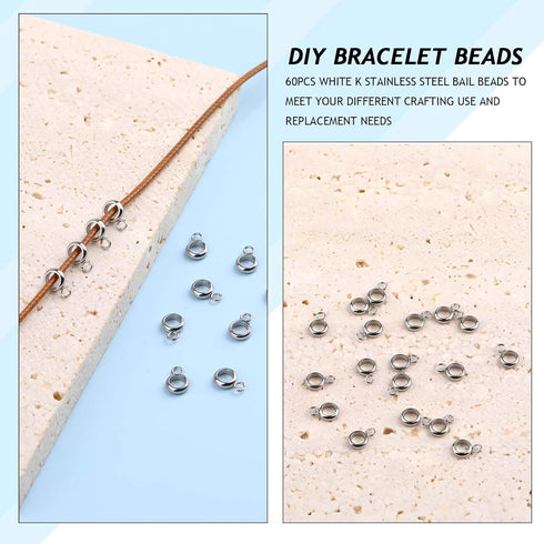 60PCS Bead Loop, Bail Beads Charm Holder Pendant Charm Rings, Stainless Steel Connectors Bails Beads, 4mm Inner Diameter Bail Tube Beads Hanger Da...