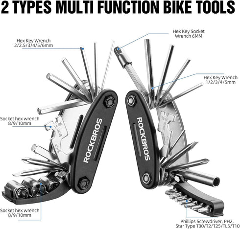 ROCKBROS Bike Repair Kits 16 In 1 Multi-Function Bike Tool Kits Portable Foldable Bike Multitool Cycling Tool Kit Bike Tool Allen Wrench Tire Leve...