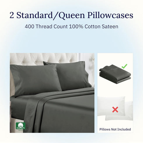 California Design Den Standard Queen Size Pillowcase Set - 400 Thread Count, 100% Cotton Sateen, Set of 2 Pillow Covers, Breathable, Cooling, Soft...