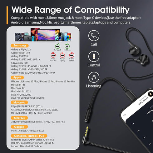 Black Wired Earbuds with Mic in-Ear Earphones Build-in Microphone HiFi Stereo Headphones Compatible for iPhone iPad Android Mp3 and Most of 3.5mm ...