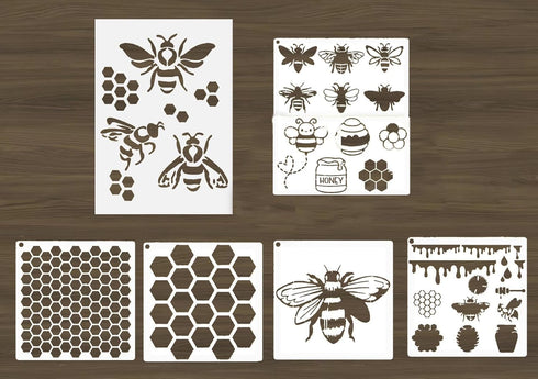 6PCS Reusable Bee Stencils Bee Honeycomb Stencil for Painting on Wood Signs Furniture DIY Crafts Wall Canvas Fabric Plastic Drawing Template for P...