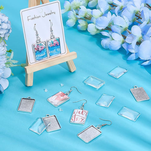 PH PandaHall 20pcs Cabochon Earring Bezel Pendant Tray, Tibetan Alloy Rectangle Earring Cabochon Settings 20 Transparent Glass Cabochons and 20 Br...