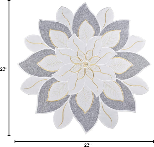 Embroidered Holiday Christmas White and Gold Star Poinsettia Doily Place Mat Small Table Topper (23 Inch Round)...