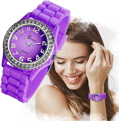 Lancardo Ladies Fashion Rhinestones Crystal Watch Women's Purple Platnium Tone Large Round Face Silicone Watch for Christmas...